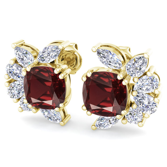 1 3/4 Carat Cushion Cut Garnet and Lab Grown Diamond Cluster Stud Earrings In 14 Karat Yellow Gold