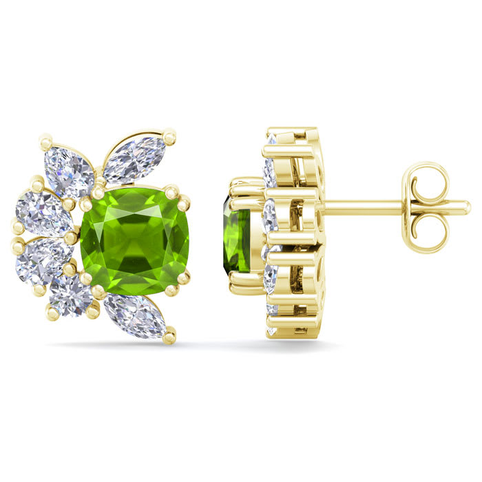 1 3/4 Carat Cushion Cut Peridot and Lab Grown Diamond Cluster Stud Earrings In 14 Karat Yellow Gold