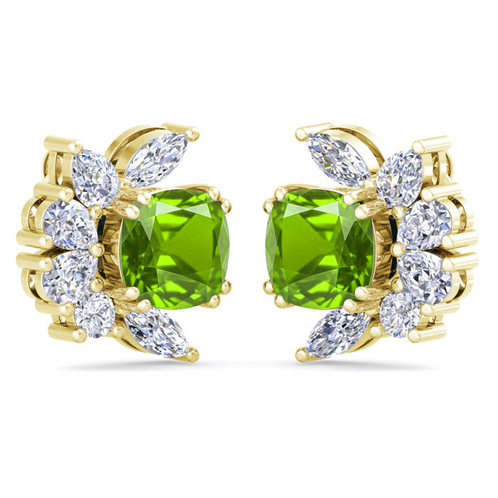 1 3/4 Carat Cushion Cut Peridot and Lab Grown Diamond Cluster Stud Earrings In 14 Karat Yellow Gold