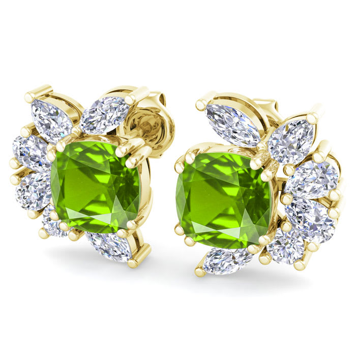 1 3/4 Carat Cushion Cut Peridot and Lab Grown Diamond Cluster Stud Earrings In 14 Karat Yellow Gold