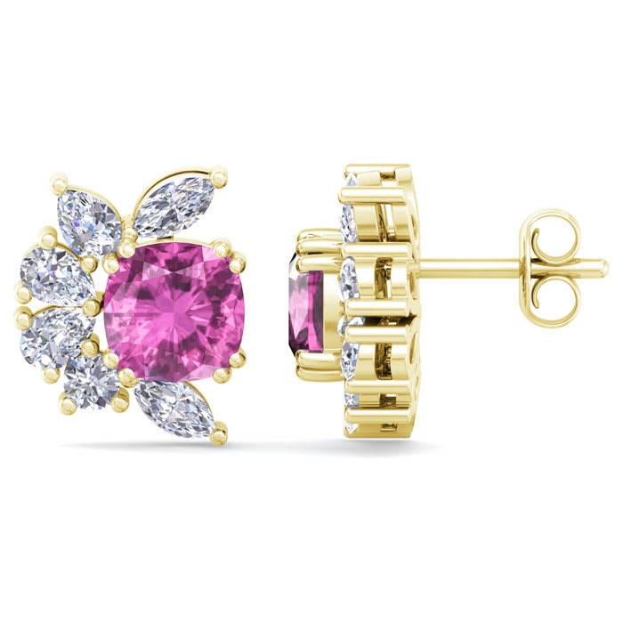 1 3/4 Carat Cushion Cut Pink Topaz and Lab Grown Diamond Cluster Stud Earrings In 14 Karat Yellow Gold