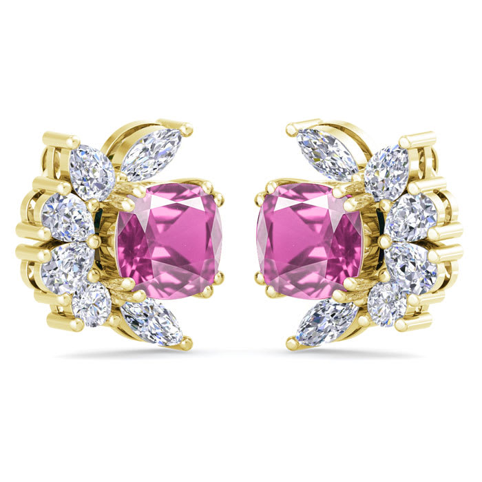 1 3/4 Carat Cushion Cut Pink Topaz and Lab Grown Diamond Cluster Stud Earrings In 14 Karat Yellow Gold