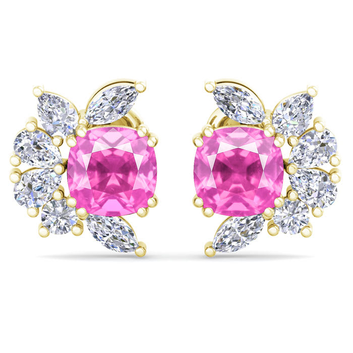 1 3/4 Carat Cushion Cut Pink Topaz and Lab Grown Diamond Cluster Stud Earrings In 14 Karat Yellow Gold