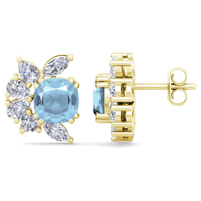 1 3/4 Carat Cushion Cut Aquamarine and Lab Grown Diamond Cluster Stud Earrings In 14 Karat Yellow Gold