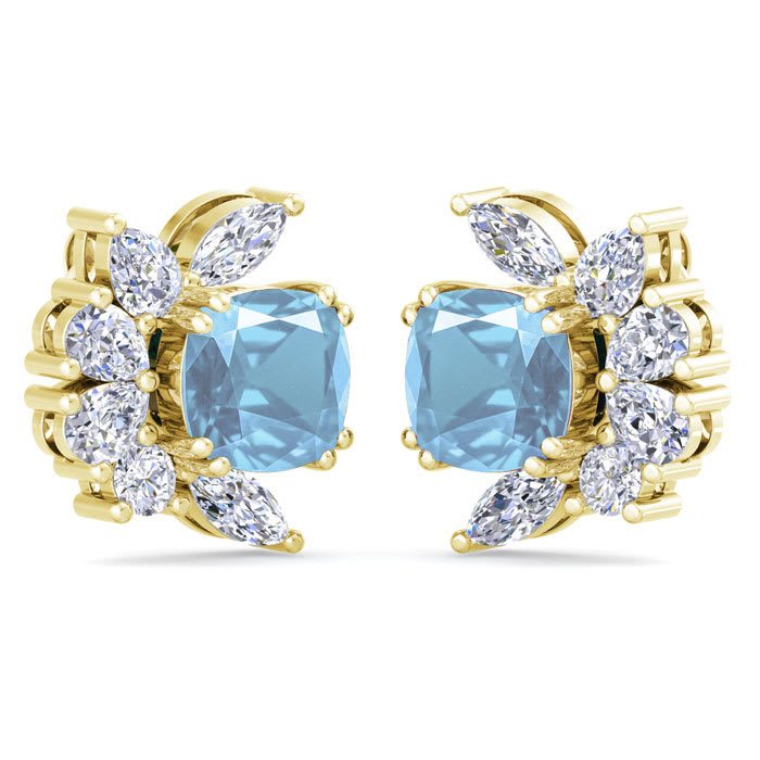 1 3/4 Carat Cushion Cut Aquamarine and Lab Grown Diamond Cluster Stud Earrings In 14 Karat Yellow Gold