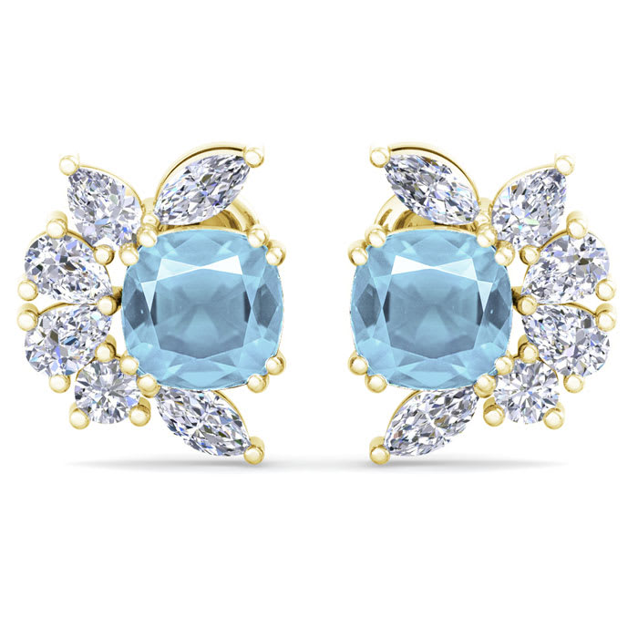 1 3/4 Carat Cushion Cut Aquamarine and Lab Grown Diamond Cluster Stud Earrings In 14 Karat Yellow Gold