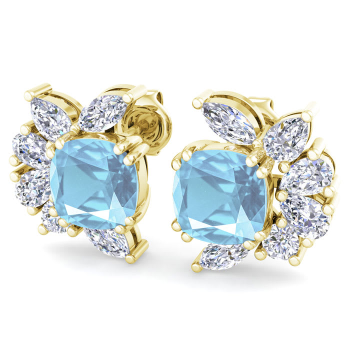 1 3/4 Carat Cushion Cut Aquamarine and Lab Grown Diamond Cluster Stud Earrings In 14 Karat Yellow Gold