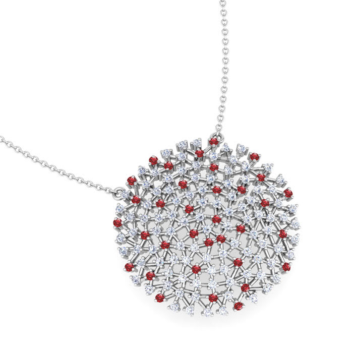 2 1/2 Carat Ruby and Lab Grown Diamond Cluster Necklace In Sterling Silver