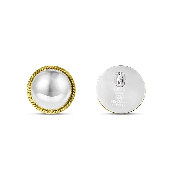 Estate Jewelry Sterling Silver Button Earrings With Yellow Gold Rope Trim