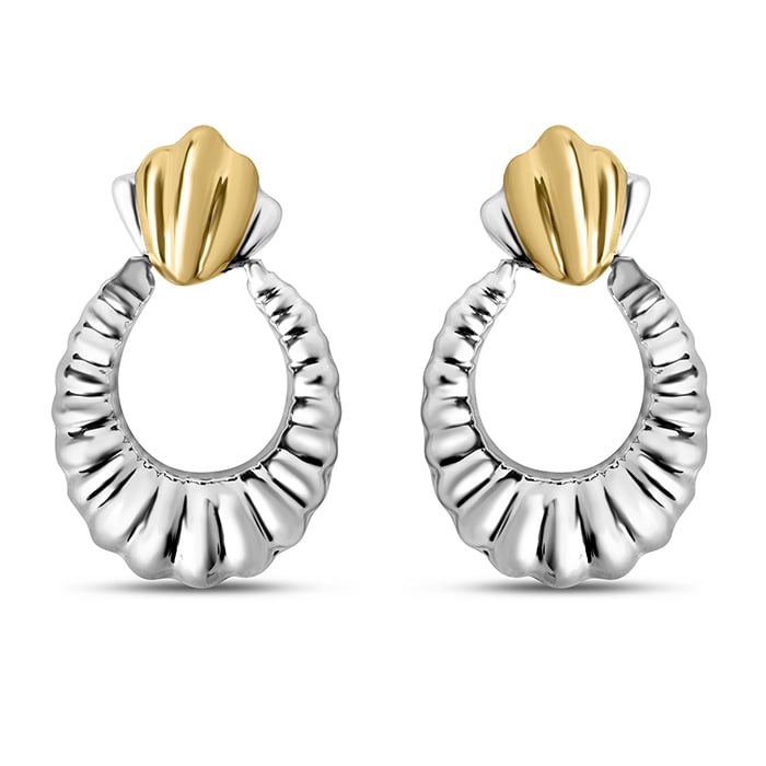 Estate Jewelry Sterling Silver Large Shrimp Door Knocker Hoop Earrings With Yellow Gold Accents