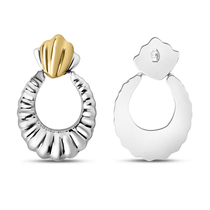 Estate Jewelry Sterling Silver Large Shrimp Door Knocker Hoop Earrings With Yellow Gold Accents