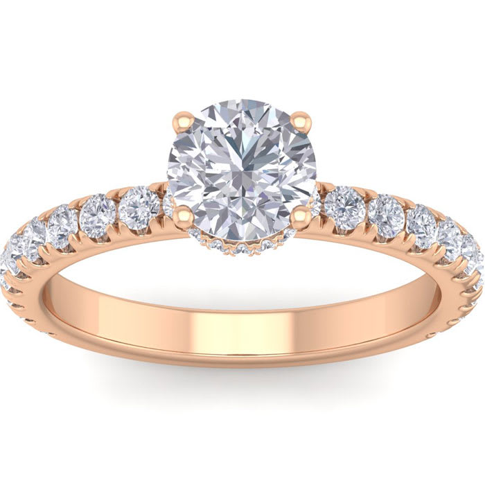 Moissanite Engagement Ring; 1 1/2 Carat Round Shape Hidden Halo Moissanite Engagement Ring In 14 Karat Rose Gold