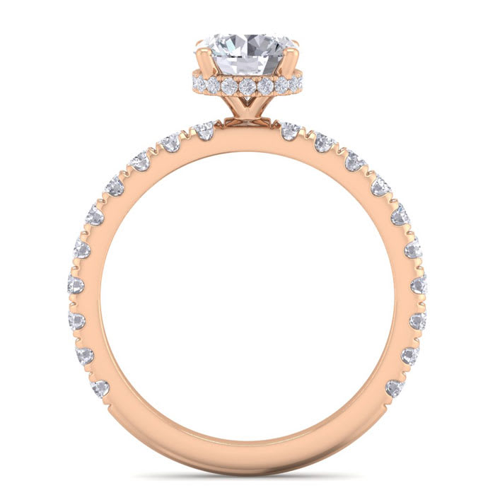 Moissanite Engagement Ring; 1 1/2 Carat Round Shape Hidden Halo Moissanite Engagement Ring In 14 Karat Rose Gold
