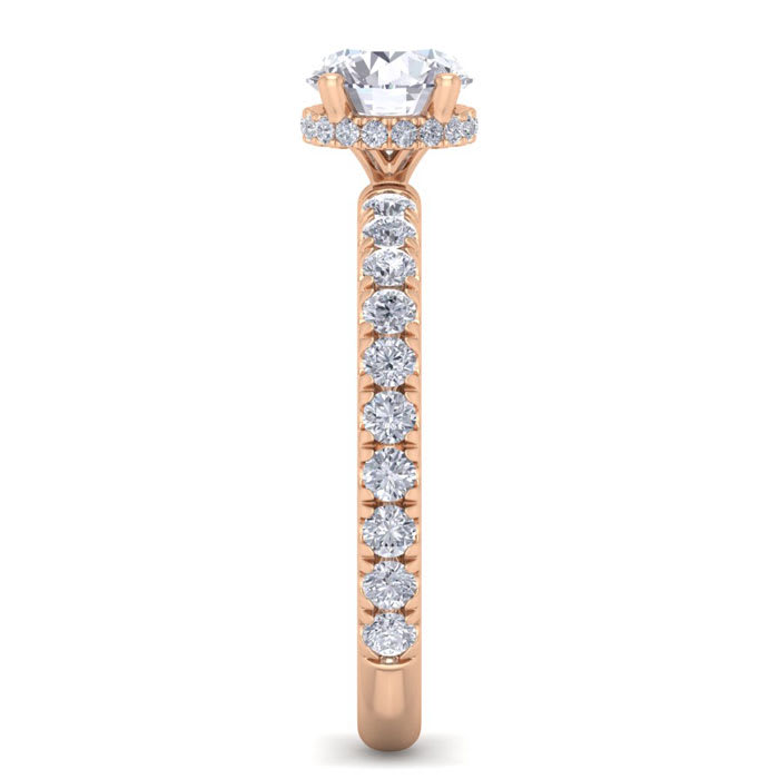 Moissanite Engagement Ring; 1 1/2 Carat Round Shape Hidden Halo Moissanite Engagement Ring In 14 Karat Rose Gold