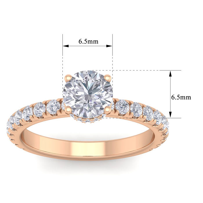 Moissanite Engagement Ring; 1 1/2 Carat Round Shape Hidden Halo Moissanite Engagement Ring In 14 Karat Rose Gold