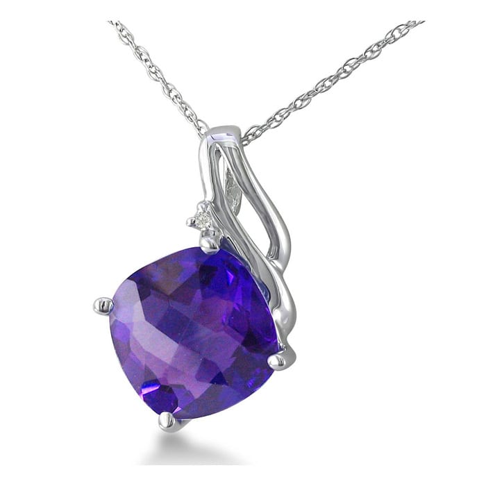 5ct Cushion Cut Amethyst and Diamond Pendant in 10k White Gold