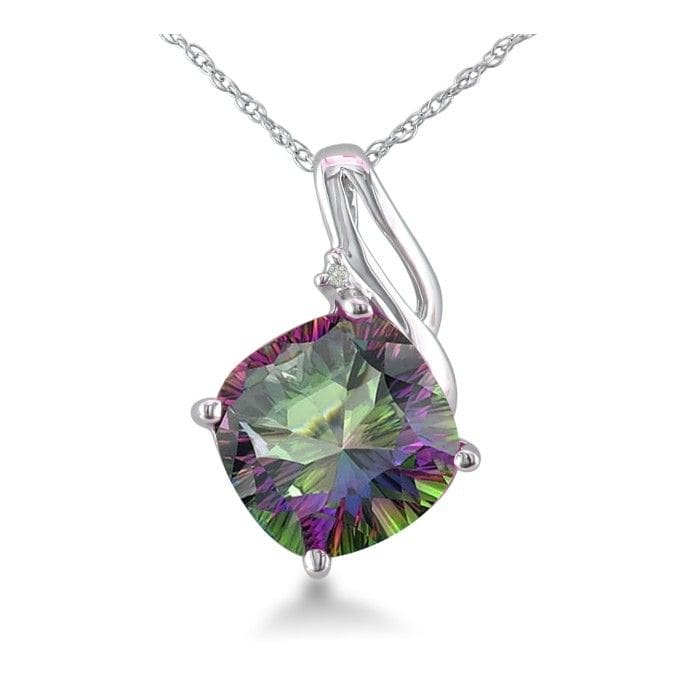 5 Carat Cushion Shape Mystic Topaz Necklace and Diamonds In 10 Karat White Gold, 18 Inches