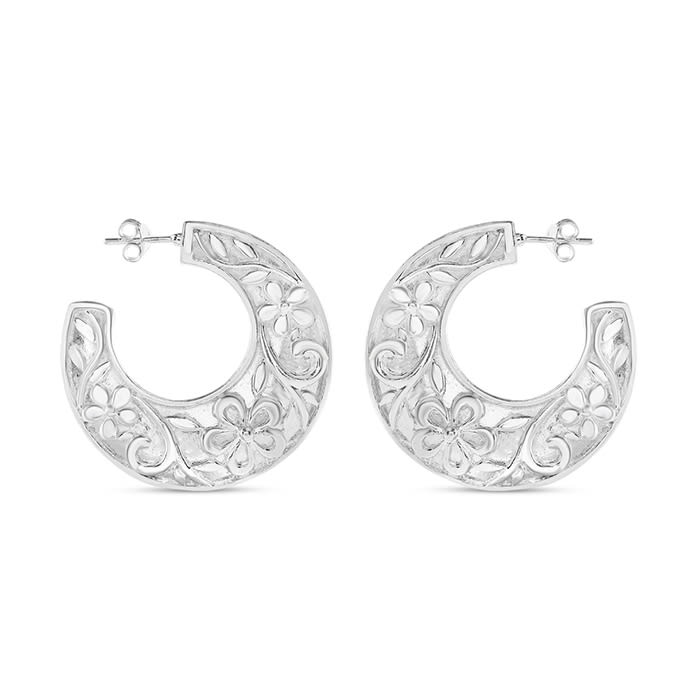 Estate Jewelry Sterling Silver Large Floral Hoop Earrings - High Quality