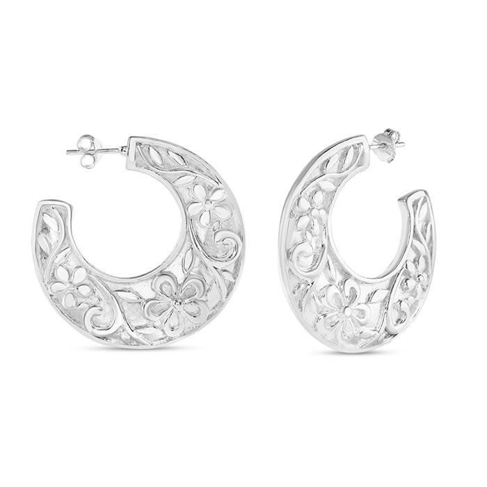 Estate Jewelry Sterling Silver Large Floral Hoop Earrings - High Quality
