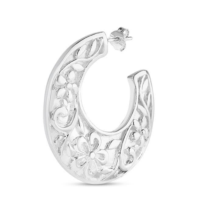 Estate Jewelry Sterling Silver Large Floral Hoop Earrings - High Quality