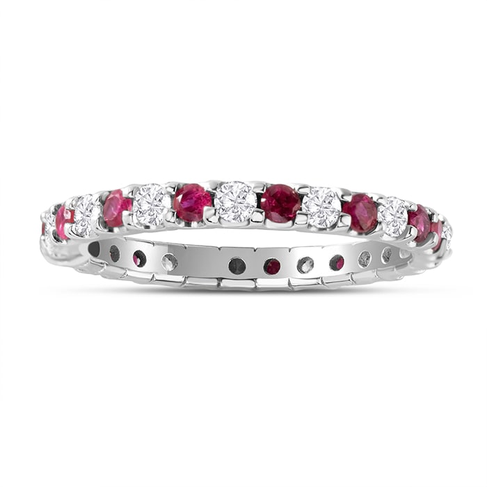 Estate Jewelry 1 Carat Round Ruby and Diamond Eternity Ring In 14 Karat White Gold, Ring Size 7