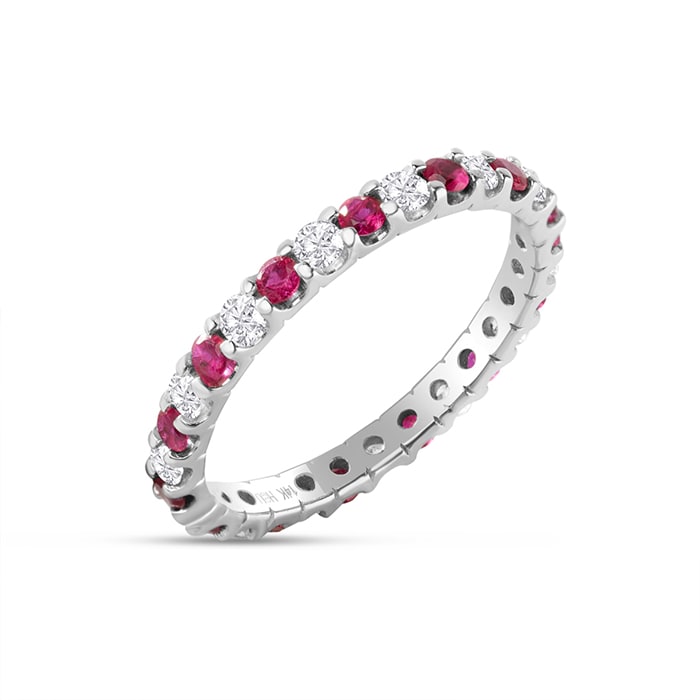 Estate Jewelry 1 Carat Round Ruby and Diamond Eternity Ring In 14 Karat White Gold, Ring Size 7
