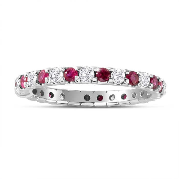 Estate Jewelry 1 Carat Round Ruby and Diamond Eternity Ring In 14 Karat White Gold, Ring Size 7