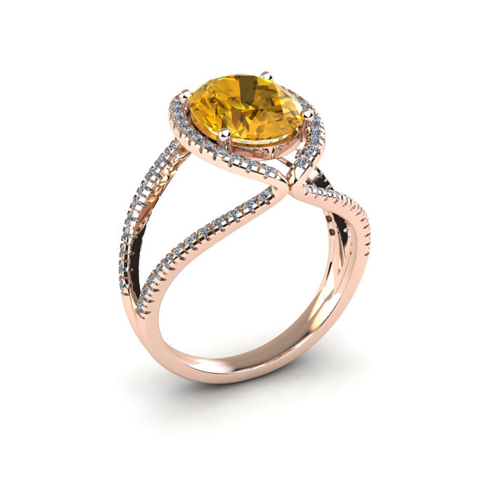 1 1/2 Carat Oval Shape Citrine and Halo Diamond Ring In 14 Karat Rose Gold