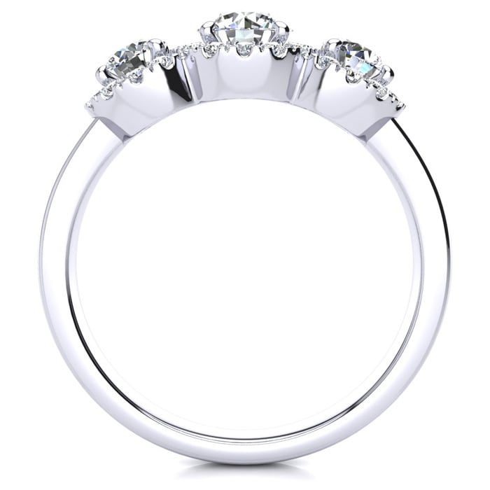 1 Carat Round Shape Halo Diamond Three Stone Ring In 14K White Gold