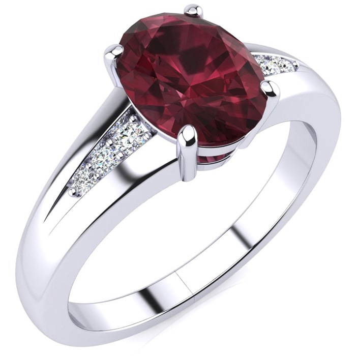 Garnet Ring: Garnet Jewelry: 1 1/2ct Oval Shape Garnet and Diamond Ring in 10k White Gold