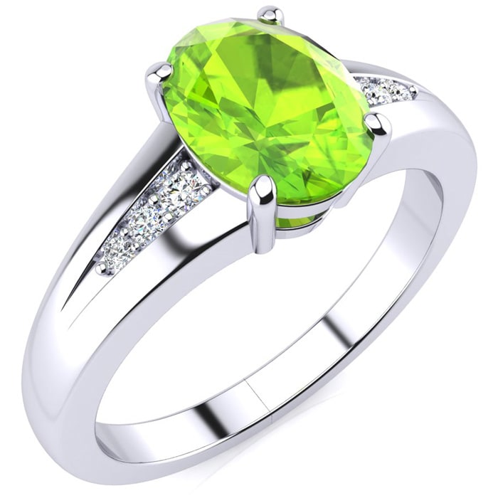 1 1/2ct Oval Shape Peridot and Diamond Ring in 10k White Gold
