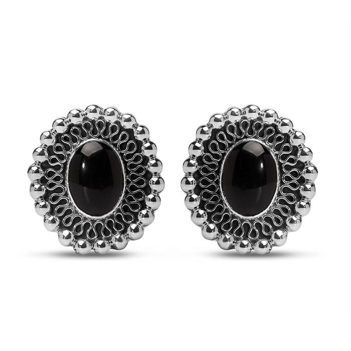 Estate Jewelry Vintage Lace Oval Black Stone Clip-On Earrings In Solid Sterling Silver