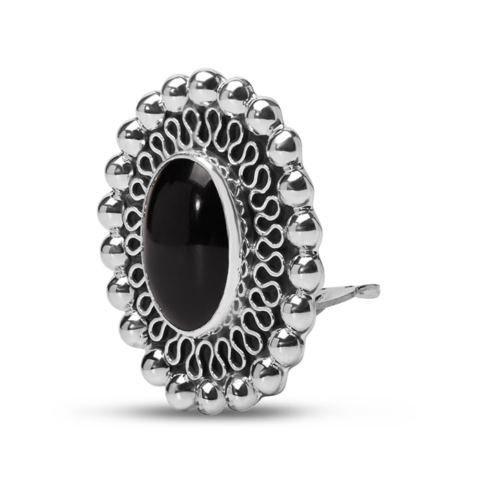 Estate Jewelry Vintage Lace Oval Black Stone Clip-On Earrings In Solid Sterling Silver