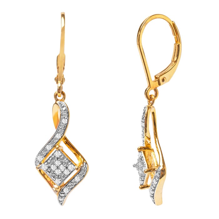 Diamond swirl drop earrings in sterling silver with 14K gold overlay. 0.15ct natural diamonds, leverback tops, lifetime guarantee.