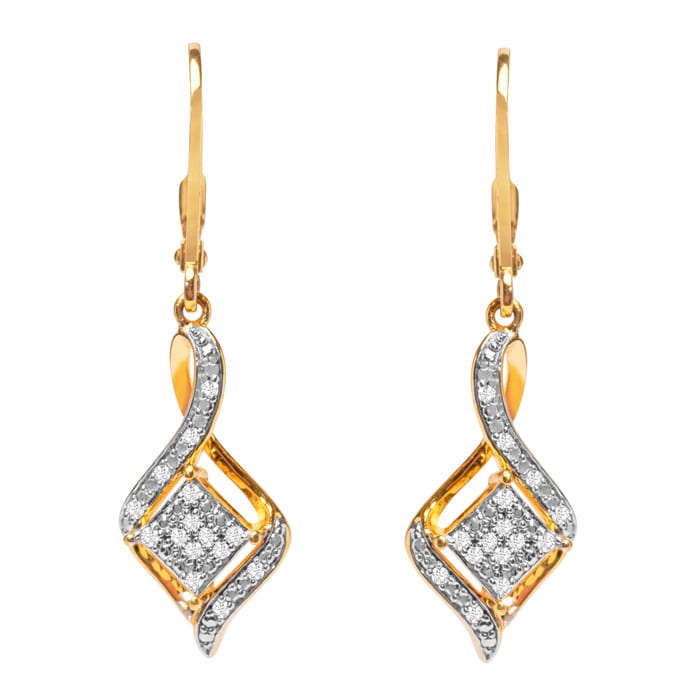 Diamond swirl drop earrings in sterling silver with 14K gold overlay. 0.15ct natural diamonds, leverback tops, lifetime guarantee.