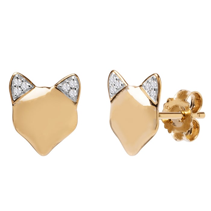 .05 Pave Diamond Foxy-Fox Stud Earrings in Solid Sterling Silver With 14k Gold Overlay