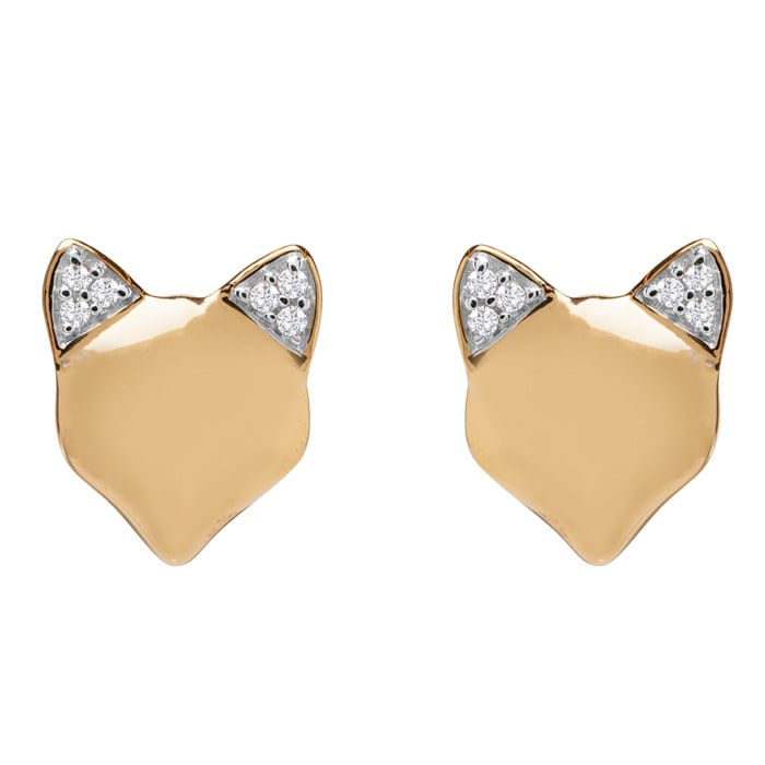 .05 Pave Diamond Foxy-Fox Stud Earrings in Solid Sterling Silver With 14k Gold Overlay