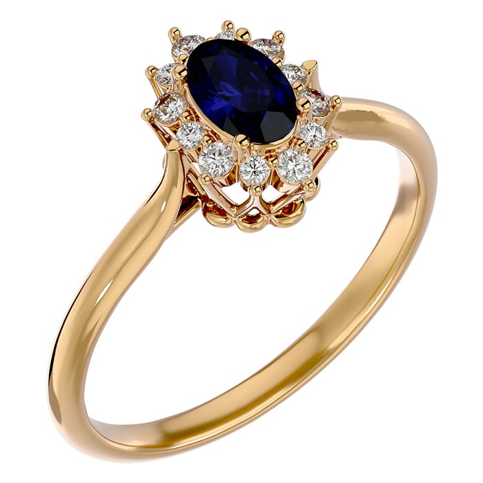 3/4 Carat Oval Shape Sapphire and Halo Diamond Ring In 14 Karat Yellow Gold