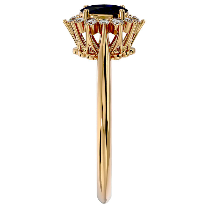 3/4 Carat Oval Shape Sapphire and Halo Diamond Ring In 14 Karat Yellow Gold