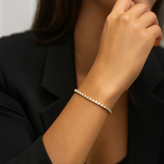 1 Carat Single Row Diamond Bracelet In 14K Yellow Gold Over Sterling Silver, 7 Inches