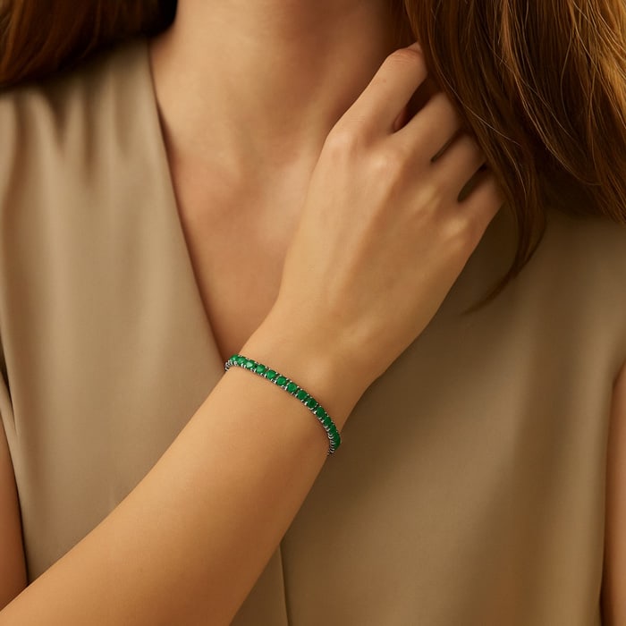 20 Carat Emerald Tennis Bracelet In Sterling Silver, 7 Inches
