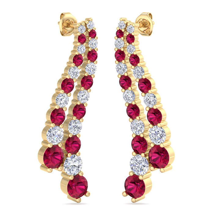 4 Carat Ruby and Lab Grown Diamond Line Drop Earrings In 14 Karat Yellow Gold, 1 1/2 Inches