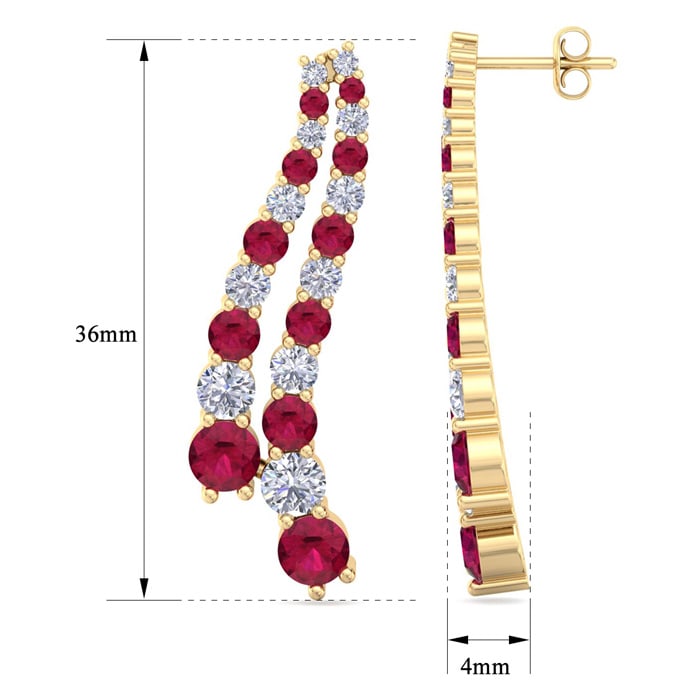 4 Carat Ruby and Lab Grown Diamond Line Drop Earrings In 14 Karat Yellow Gold, 1 1/2 Inches