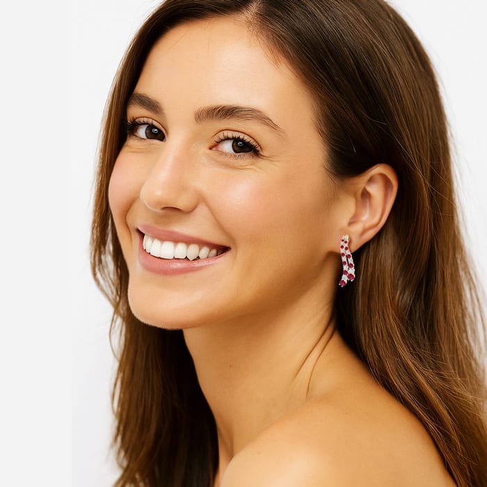 4 Carat Ruby and Lab Grown Diamond Line Drop Earrings In 14 Karat Yellow Gold, 1 1/2 Inches