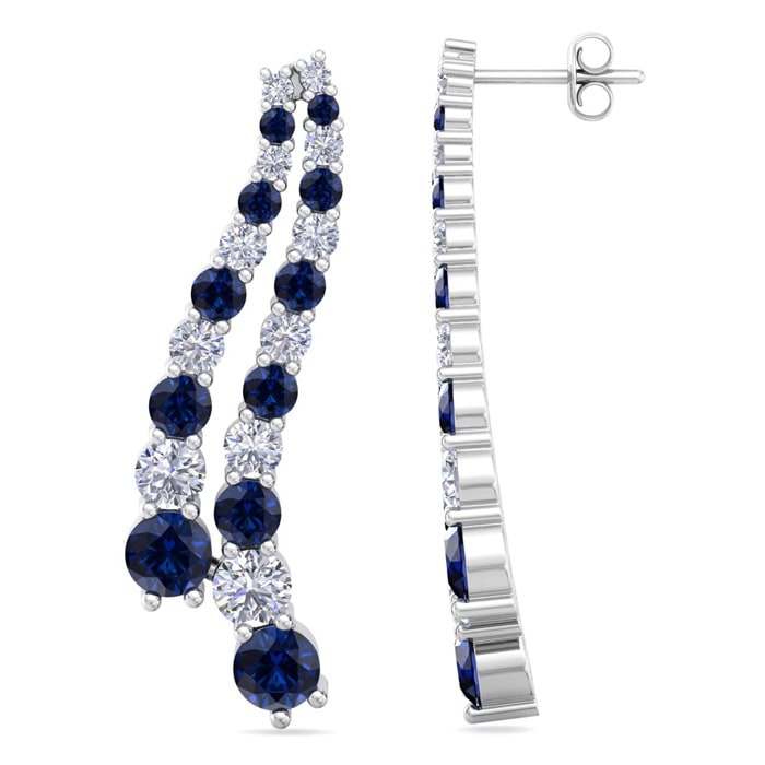 4 Carat Sapphire and Lab Grown Diamond Line Drop Earrings In 14 Karat White Gold, 1 1/2 Inches