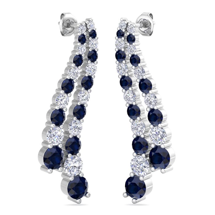 4 Carat Sapphire and Lab Grown Diamond Line Drop Earrings In 14 Karat White Gold, 1 1/2 Inches