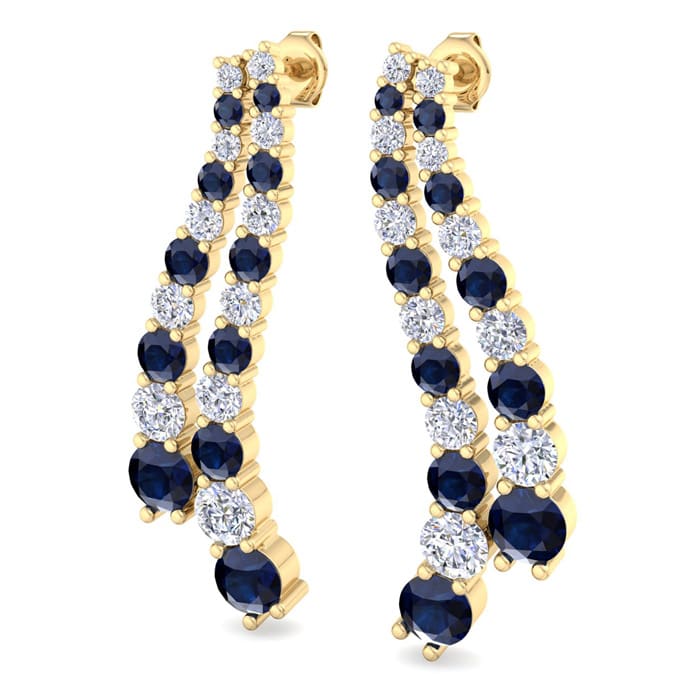 4 Carat Sapphire and Lab Grown Diamond Line Drop Earrings In 14 Karat Yellow Gold, 1 1/2 Inches