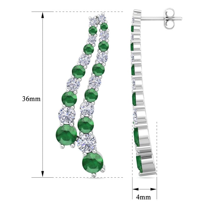 4 Carat Emerald and Lab Grown Diamond Line Drop Earrings In 14 Karat White Gold, 1 1/2 Inches