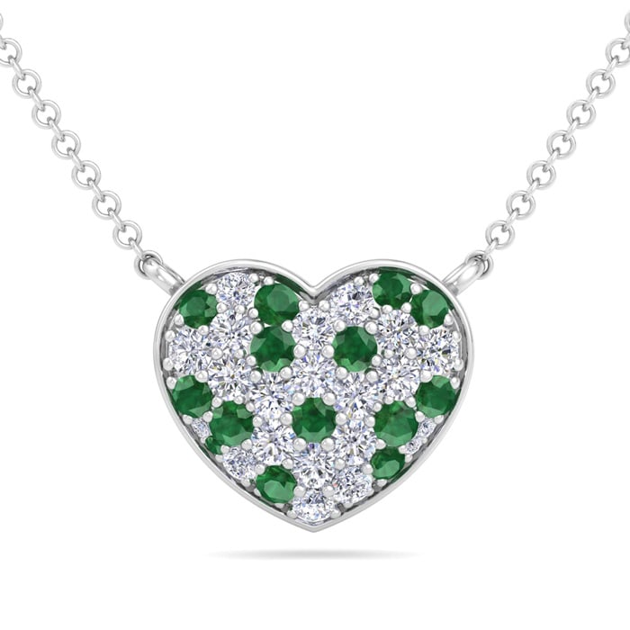 2 Carat Emerald and Lab Grown Diamond Heart Necklace In 14 Karat White Gold, 1 1/2 Inches