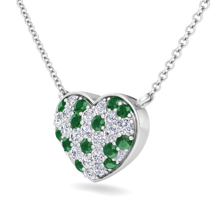 2 Carat Emerald and Lab Grown Diamond Heart Necklace In 14 Karat White Gold, 1 1/2 Inches